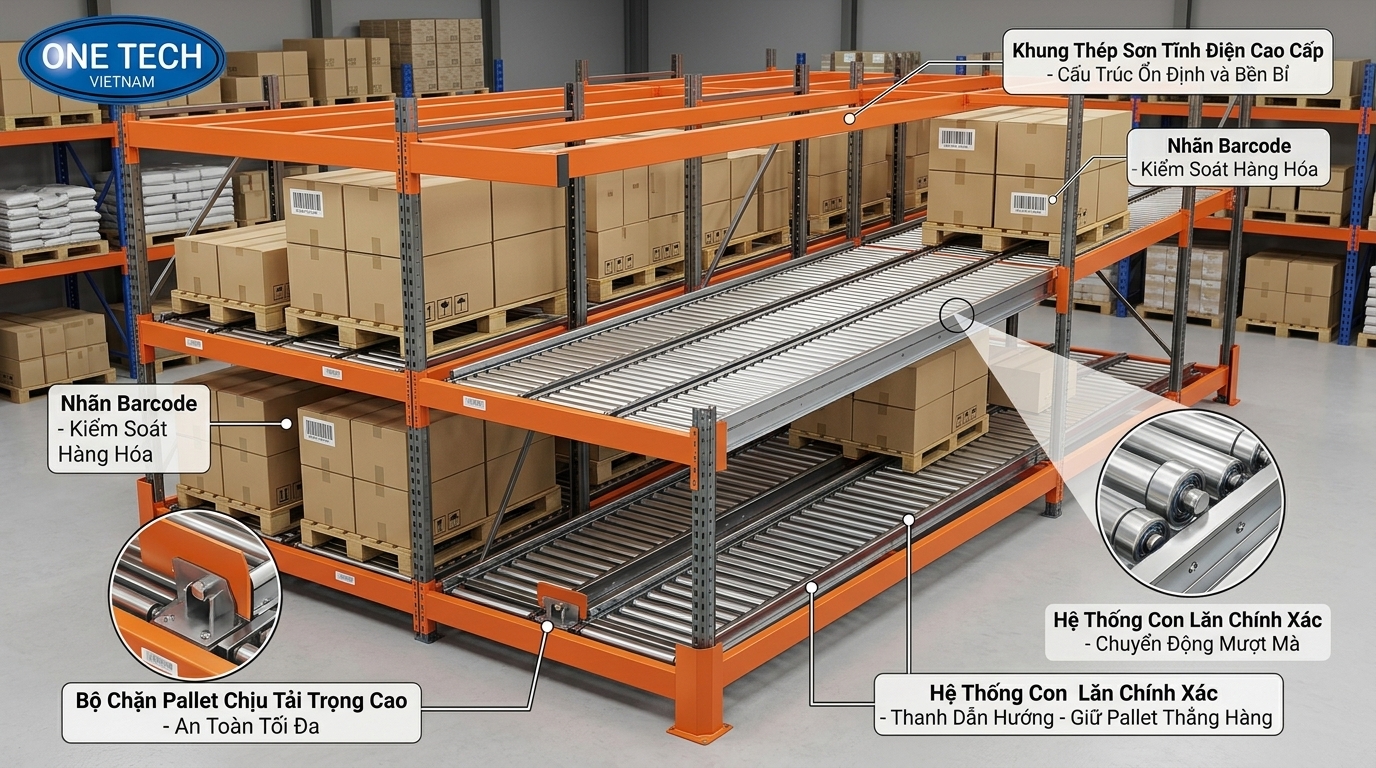 Cấu tạo kệ flowrack và kệ con lăn Cấu tạo kệ flowrack gồm khung thép ray con lăn thanh dẫn hướng và chặn pallet