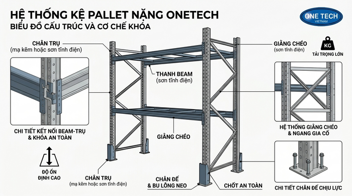 Cấu tạo kệ pallet tải trọng nặng Cấu tạo kệ pallet tải trọng nặng gồm chân trụ thanh beam và giằng