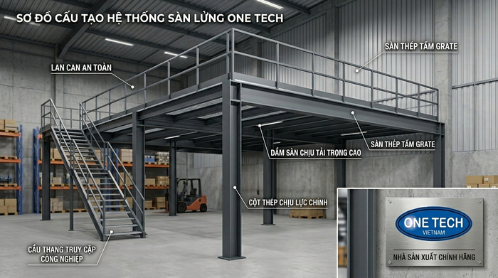 Cấu tạo kệ sàn mezzanine thép chịu tải cao gồm cột trụ beam sàn lan can cầu thang