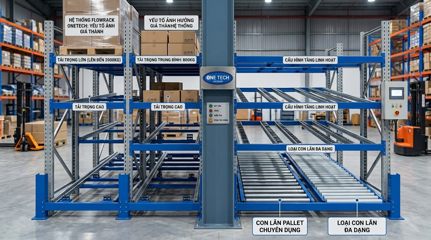 Giá kệ flowrack Hồ Chí Minh và các yếu tố ảnh hưởng Giá kệ flowrack Hồ Chí Minh phụ thuộc tải trọng số tầng và loại con lăn
