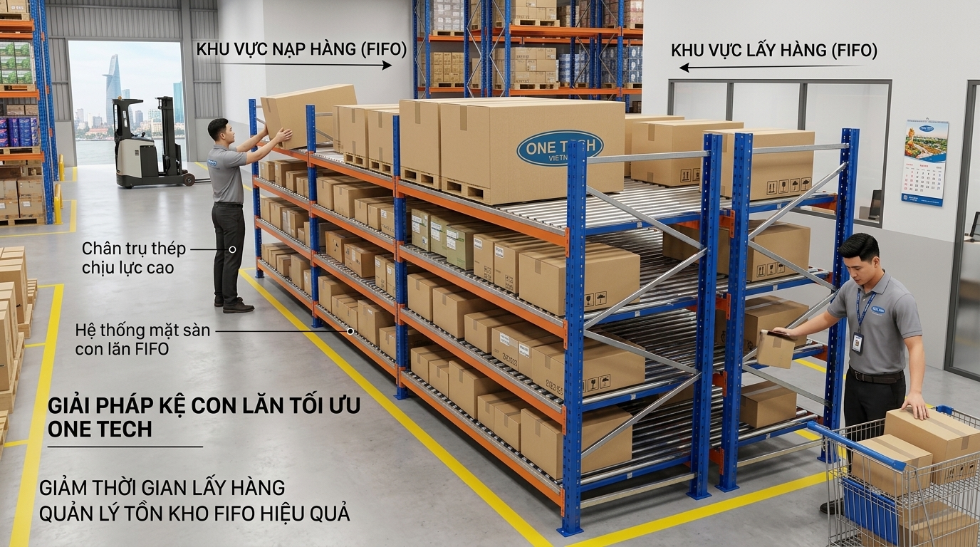 Kệ con lăn tối ưu hoá luồng hàng trong kho Kệ con lăn giúp tối ưu luồng hàng trong kho tại Hồ Chí Minh