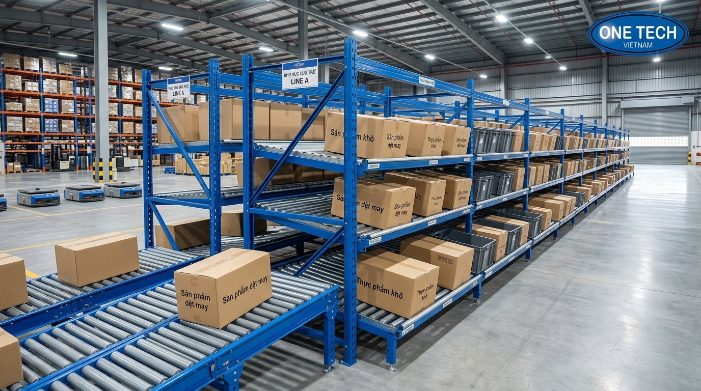 Kệ Flow racks Hồ Chí Minh cho kho logistics và bán lẻ Kệ Flow racks Hồ Chí Minh dùng ray con lăn trong kho hàng
