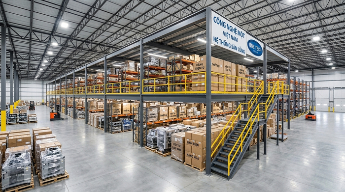 Kệ sàn mezzanine hai tầng lưu trữ hàng hóa trong kho cao