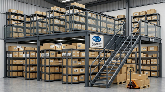 Kệ sàn mezzanine kết hợp kệ V lỗ cho kho hàng nhỏ