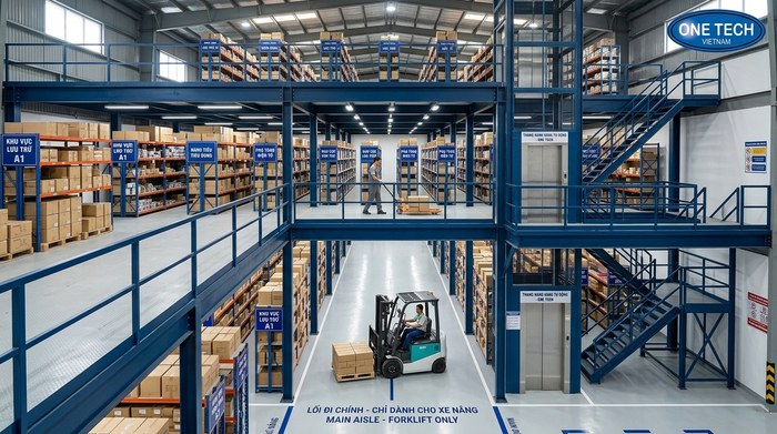 Kệ sàn mezzanine kết hợp lối đi rộng thuận tiện vận hành kho