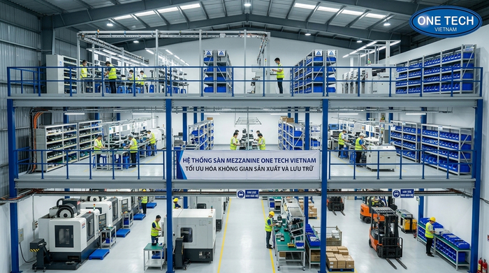 Kệ sàn mezzanine trong xưởng sản xuất giúp tối ưu không gian kho