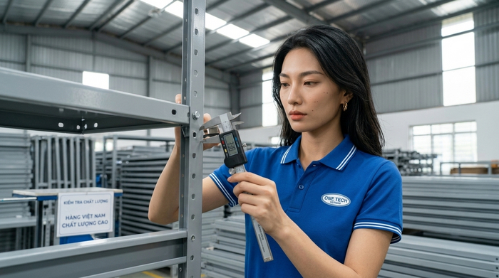 Kiểm tra chất lượng kệ trung tải đạt chuẩn Kiểm tra chất lượng kệ trung tải trước khi lắp đặt cho kho TP.HCM