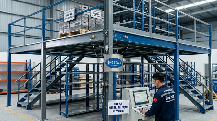 Kiểm tra tải trọng và an toàn kệ sàn mezzanine trước khi bàn giao