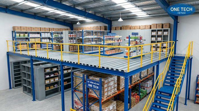 Mặt sàn tôn gân cho kệ mezzanine kết hợp nhiều loại kệ