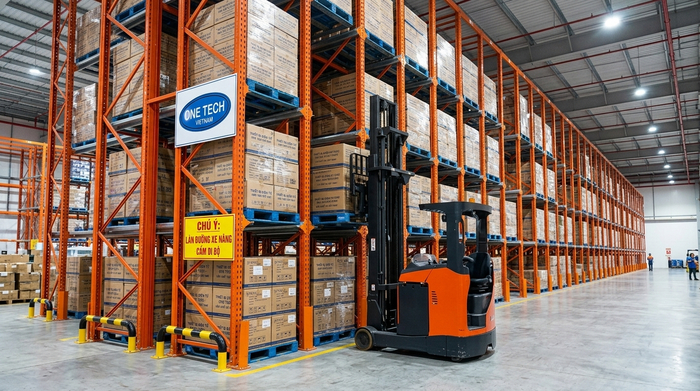 Xe nâng di chuyển vào trong lòng kệ drive in để xếp pallet