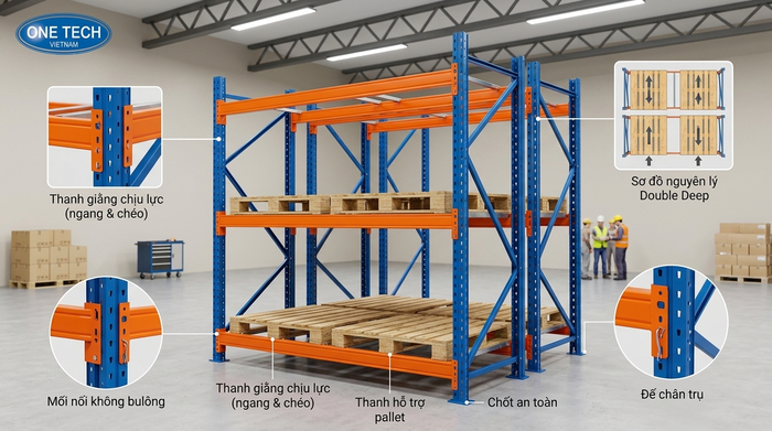 Cấu tạo kệ Double Deep dùng cho pallet Cấu tạo kệ Double Deep gồm chân trụ beam giằng và thanh đỡ pallet