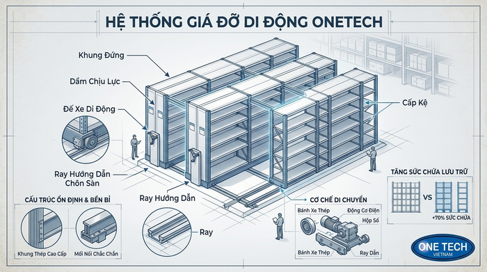 Cấu tạo kệ kho di động Mobile Rack gồm beam ray carriage