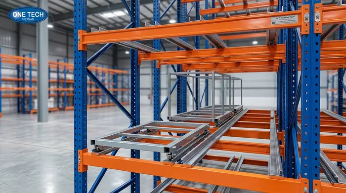 Cấu tạo cơ bản của kệ push back Cấu tạo Kệ Push Back Hồ Chí Minh gồm khung trụ beam ray và xe trượt