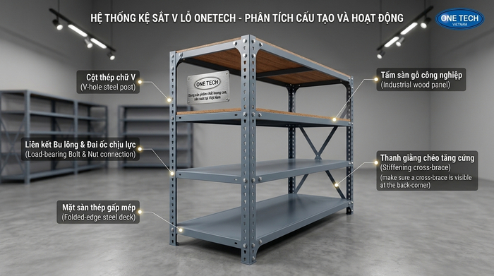 Cấu tạo chi tiết các bộ phận của kệ sắt V lỗ OneTech Cấu tạo chi tiết các bộ phận của kệ sắt V lỗ OneTech
