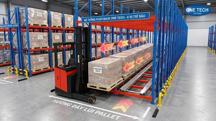 Cơ chế hoạt động kệ push back trong kho hàng Cơ chế hoạt động của Kệ Push Back Hồ Chí Minh trong kho pallet