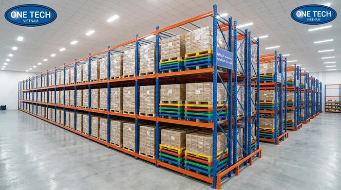 Kệ push back lưu trữ pallet theo chiều sâu Kệ push back lưu trữ pallet theo chiều sâu tại kho hàng TP.HCM