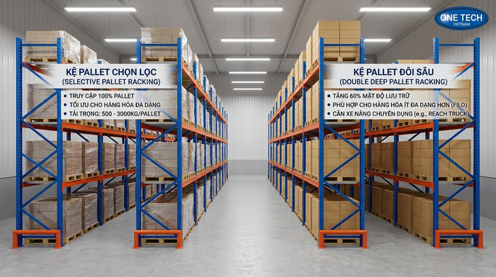 Mô hình kệ Selective và Double Deep trong kho logistics So sánh kệ Selective và Double Deep