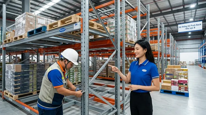 Lắp đặt kệ push back tại kho hàng Lắp đặt Kệ Push Back Hồ Chí Minh tại kho hàng công nghiệp