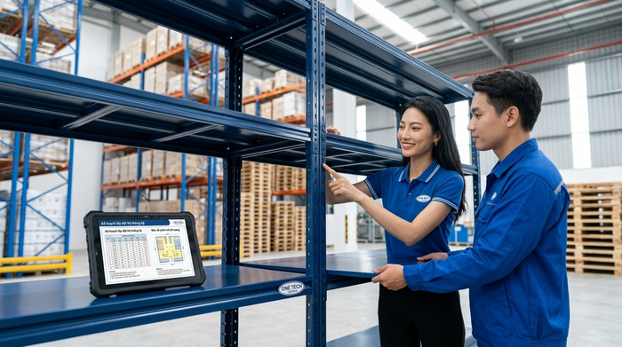 Đội ngũ kỹ thuật OneTech lắp đặt kệ sắt V lỗ chuyên nghiệp Đội ngũ kỹ thuật OneTech lắp đặt kệ sắt V lỗ chuyên nghiệp