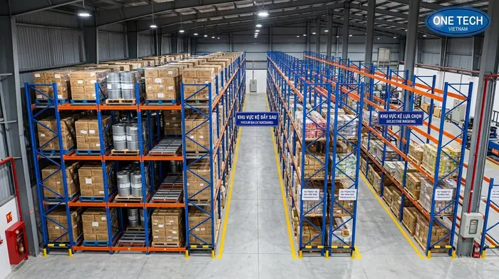 Layout kho kết hợp nhiều loại kệ pallet Layout kho kết hợp kệ push back và kệ Selective tại Hồ Chí Minh
