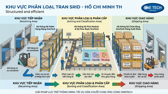 Sơ đồ vận hành kho trung chuyển Hồ Chí Minh Sơ đồ vận hành kho trung chuyển Hồ Chí Minh với khu nhập hàng, phân loại và xuất hàng