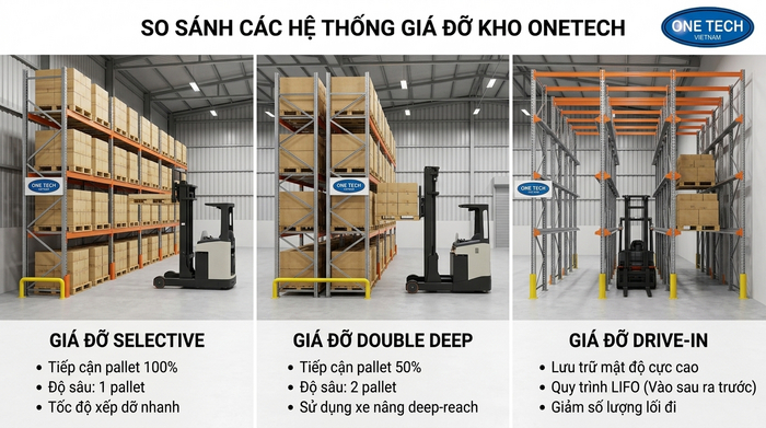 So sánh các hệ thống kệ tải trọng nặng So sánh kệ Double Deep Selective và Drive In