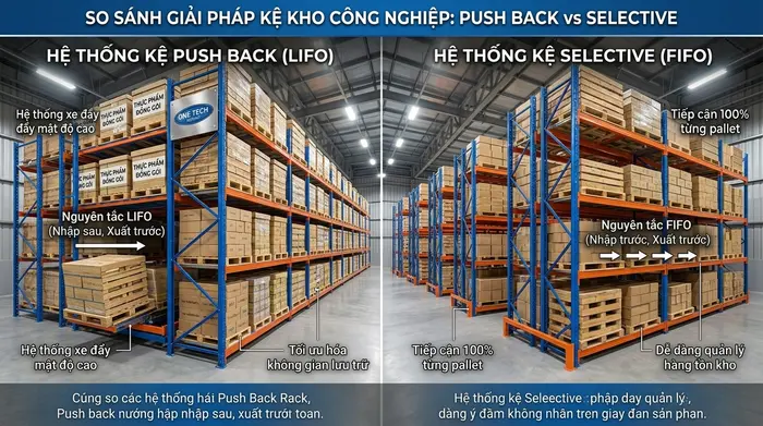 So sánh kệ push back và kệ Selective So sánh Kệ Push Back Hồ Chí Minh và kệ Selective trong kho pallet