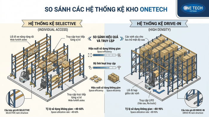 So sánh giải pháp lưu trữ kho hàng Bản vẽ so sánh layout kệ Selective và kệ Drive-In