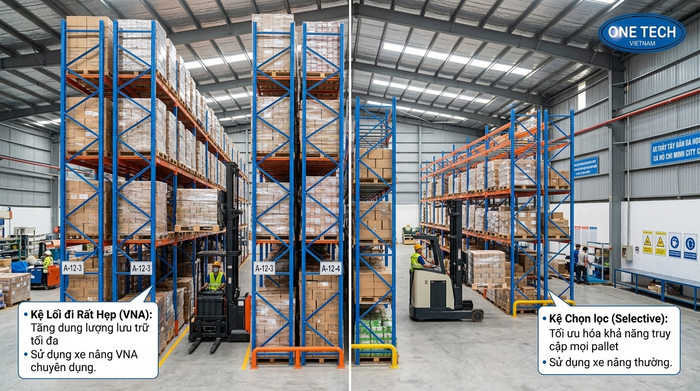 So sánh lối đi kệ VNA và kệ Selective So sánh lối đi kệ VNA và kệ Selective trong kho TP.HCM