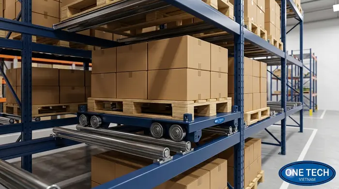 Xe trượt kệ push back cho pallet Xe trượt trong hệ thống kệ push back cho kho hàng Hồ Chí Minh
