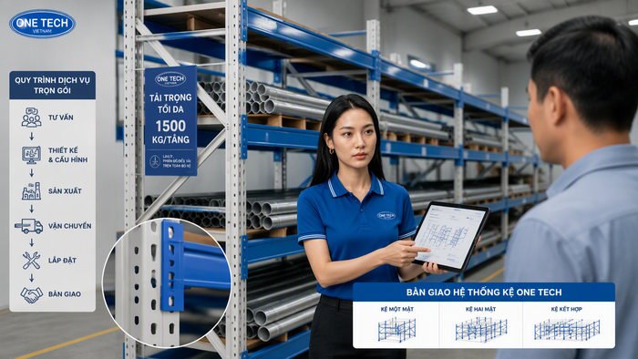 Bàn giao kệ để ống thép sau lắp đặt Bàn giao kệ để ống thép sau khi lắp đặt tại kho khách hàng