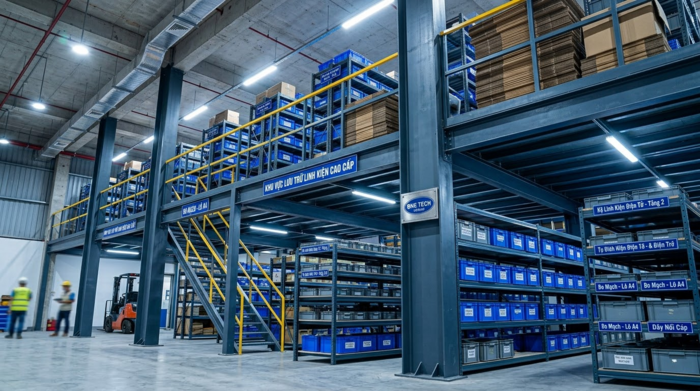Kệ mezzanine tối ưu diện tích kho linh kiện điện tử Hệ thống kệ mezzanine cho linh kiện điện tử tại Hồ Chí Minh