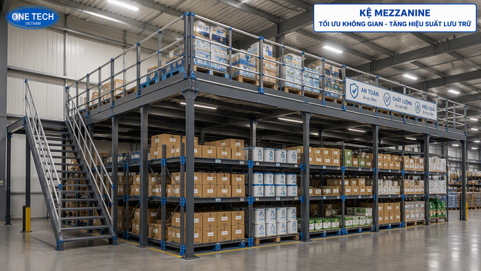 Kệ mezzanine cho kho chứa hàng thực phẩm Kệ mezzanine cho kho thực phẩm tăng diện tích lưu trữ