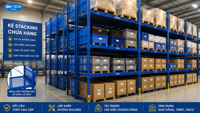 Kệ xếp chồng mặt lưới thép Kệ xếp chồng mặt lưới thép chịu lực cho kho hàng