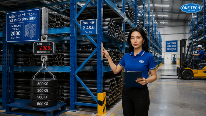 Kiểm tra tải trọng kệ để ống thép Kiểm tra tải trọng kệ để ống thép trước khi bàn giao