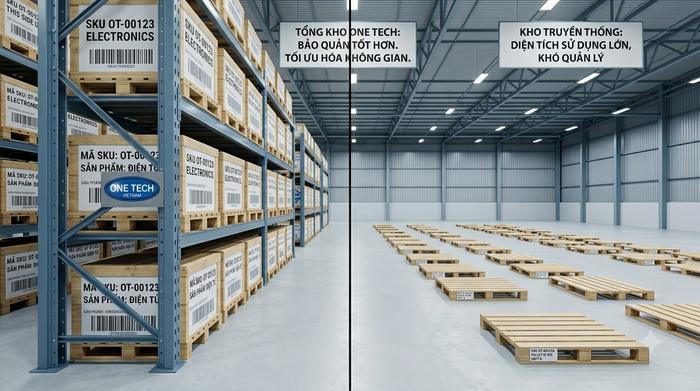 Tối ưu diện tích bằng kệ kho logistics So sánh kho có kệ logistics và kho để hàng dưới sàn