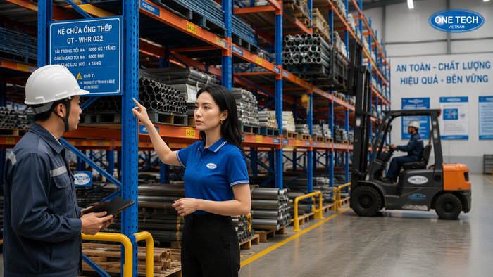 Xe nâng làm việc với kệ để ống thép Xe nâng chuyên dụng xuất nhập hàng trên kệ để ống thép