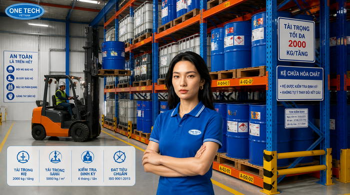 Xe nâng và kệ kho hóa chất Xe nâng vận hành trong hệ thống kệ kho hóa chất