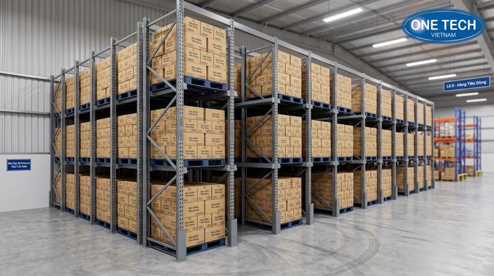Kệ Drive In tối ưu diện tích kho FMCG Kệ Drive In cho kho FMCG lưu trữ mật độ cao