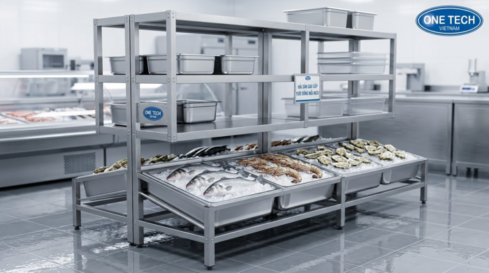 Kệ inox cho khu sơ chế và trưng bày thủy sản Kệ inox cho thủy sản và thực phẩm tươi sống dễ vệ sinh