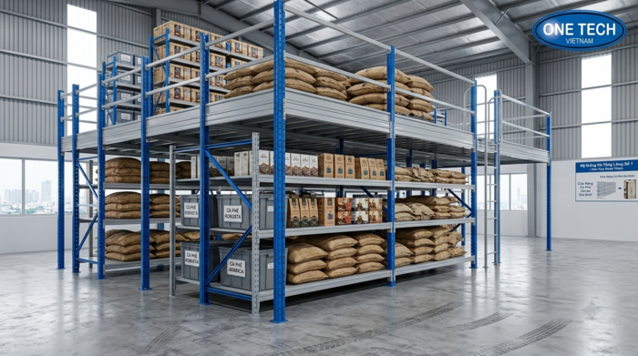 Kệ mezzanine cho kho cà phê trần cao Kệ mezzanine tối ưu diện tích kho cà phê tại Hồ Chí Minh