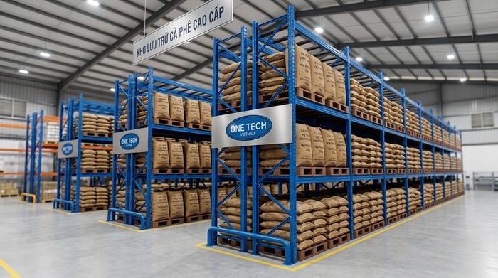 Kệ selective cho kho cà phê dùng pallet Kệ selective chứa pallet cà phê trong nhà kho tại TP HCM