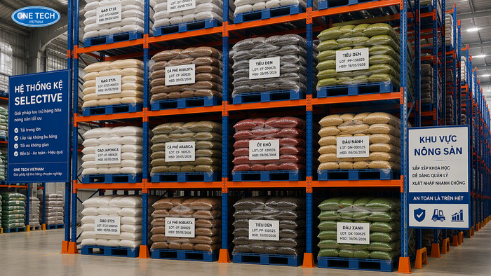 Kệ Selective cho kho nông sản nhiều mã hàng Kệ Selective lưu trữ pallet gạo và nông sản khô tại TP HCM