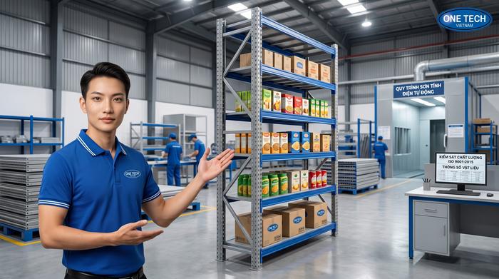 Nhà máy sản xuất kệ kho OneTech Sản xuất kệ kho FMCG tại nhà máy OneTech