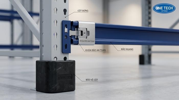 Phụ kiện an toàn cho kệ kho cà phê Phụ kiện an toàn cho kệ kho cà phê gồm khóa beam và bảo vệ chân trụ