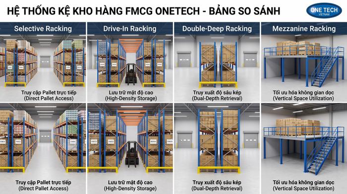 So sánh kệ kho FMCG phổ biến So sánh các loại kệ kho FMCG Selective Drive In Double Deep Mezzanine