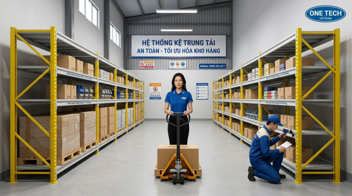 Vận hành kho dùng kệ trung tải an toàn Vận hành kho dùng kệ trung tải an toàn với xe nâng tay và lối đi thông thoáng